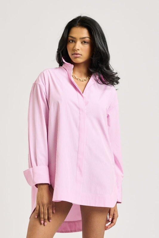 The Lucy Boyfriend Shirt Double Hem - Pink Stripe